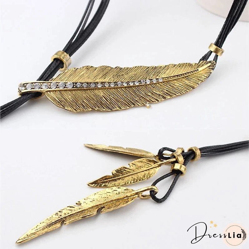 Fashion New Gold Color Boho Style Rope Chain Leaf Feather Pattern Pendant Ladies High Jewelry Choker Personality Necklace