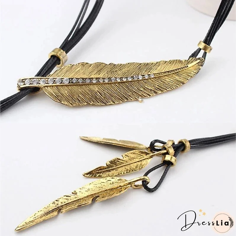 Fashion New Gold Color Boho Style Rope Chain Leaf Feather Pattern Pendant Ladies High Jewelry Choker Personality Necklace