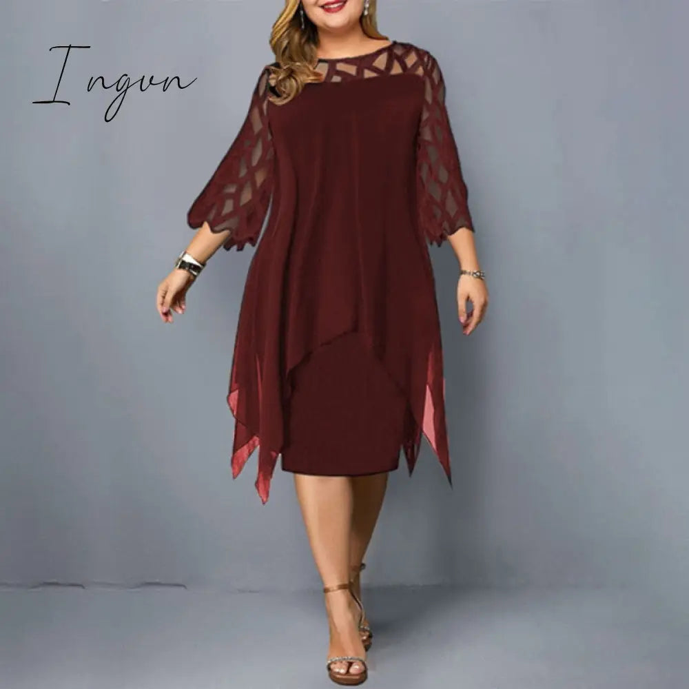 Ingvn - Plus Size Dresses 4Xl 5Xl 6Xl Lace Mesh Sexy Elegant Midi Party Dress Red Black Green
