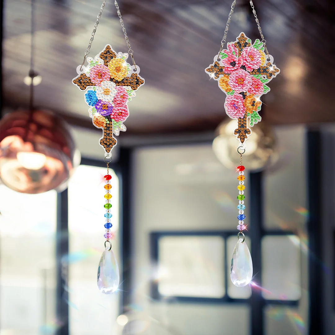 2Pcs Cross DIY Acrylic Diamond Painting Art Wind Chimes with Crystal Pendant Diamond Art Hanging Pendant Double-Sided for Adults Beginners Gift Home Garden Decor