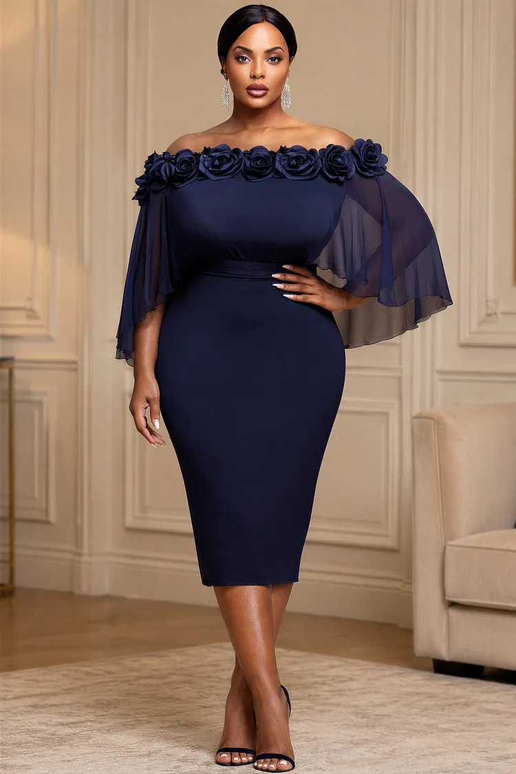 Xpluswear Design Plus Size Cocktail Party Navy Blue Off The Shoulder Flare Half Sleeve 3D Bodycon Chiffon Midi Dresses [Pre-Order] 2024 - Xpluswear