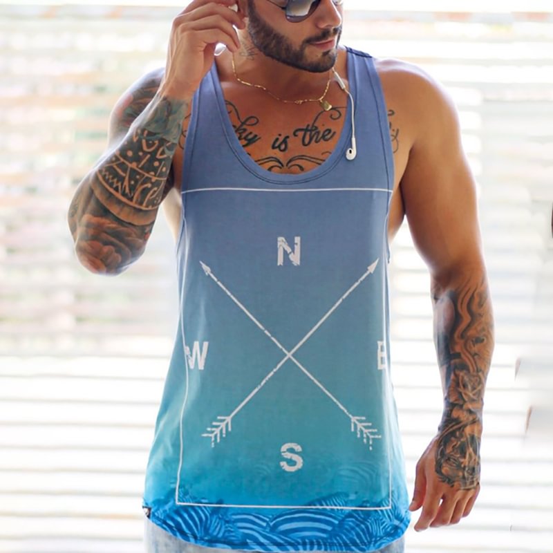 Men's Casual Fashion Beach Vacation Fitness Compass Printed Vest TT201