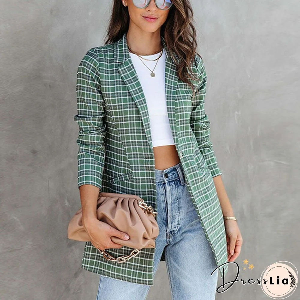 Autumn New Office Ladies Green Plaid Jackets Coats Fashion Commute Slim Lapel Cardigan Suit Women Casual Long Sleeve Blazer