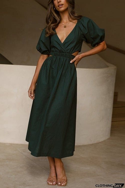 Cut Out Waist V Neck Puff Sleeve Dress