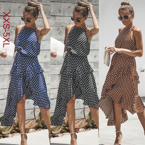 Summer Women Boho Maxi Polka Dot Dress Irregular Beach Wear Sundress - Shop Trendy Women's Fashion | TeeYours