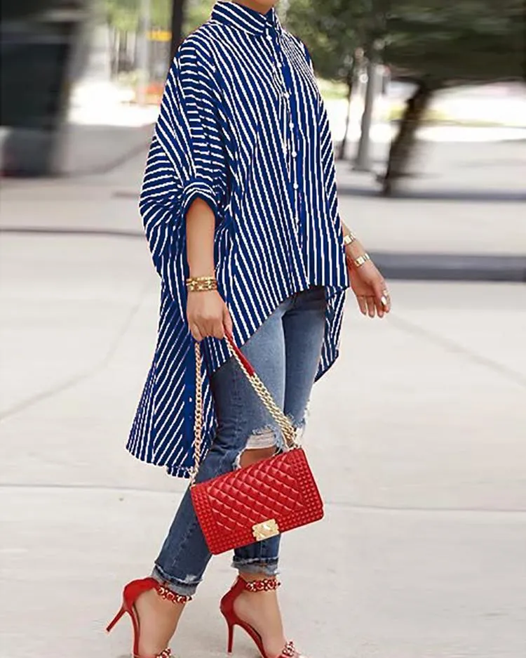 Brownm Button Comfortable Versatile Loose Striped Shirt