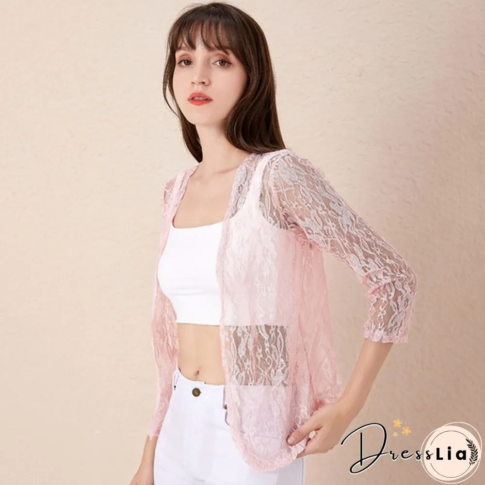 Womens Fashion Lace Cardigans Long Sleeves Solid Color Slim Fit Coat Casual Trench Outwear