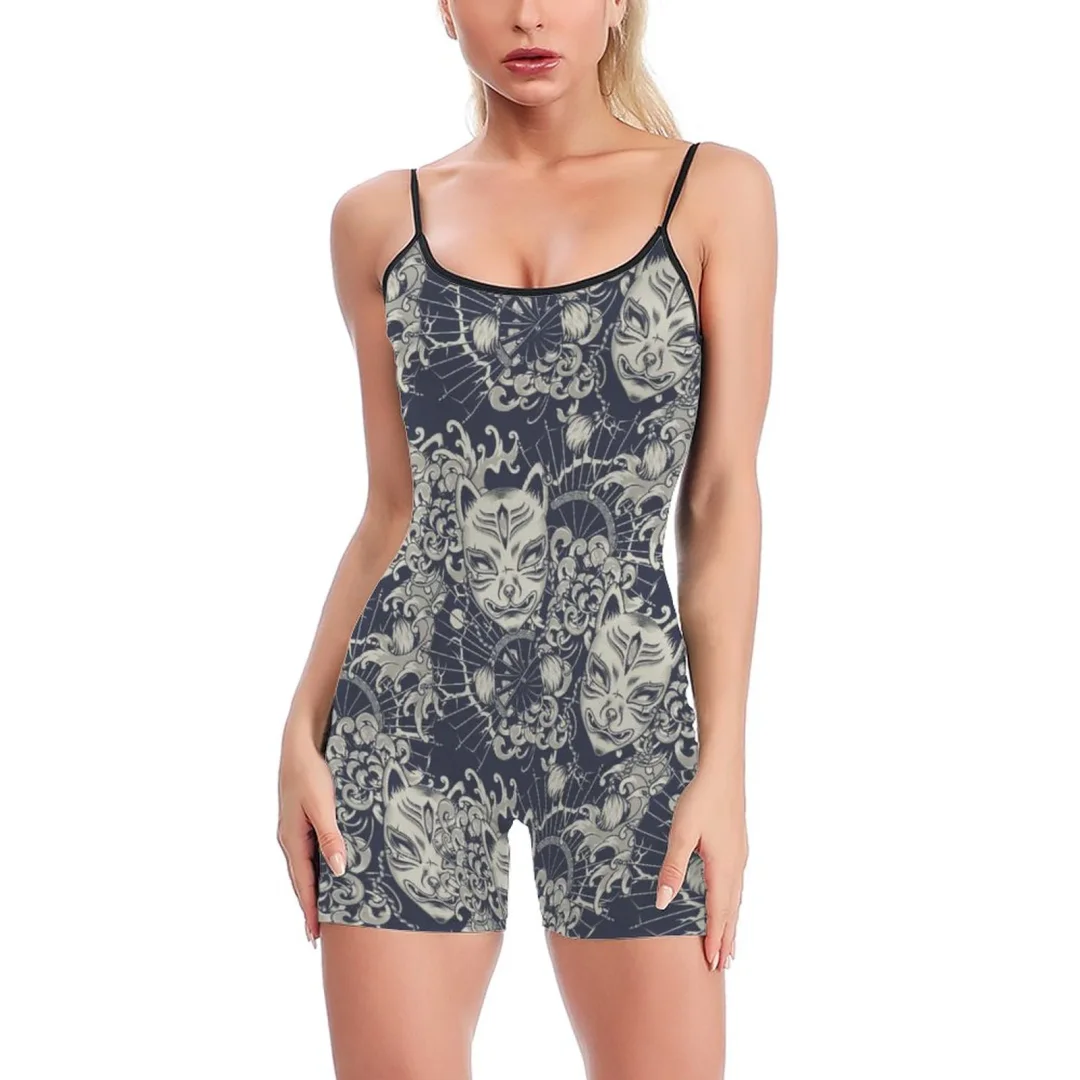 Japanese Cartoon Face Kitsune Yoga Jumpsuit Sports Short Spaghetti Straps Bodycon Yoga Rompers One Piece Gym Workout Playsuit