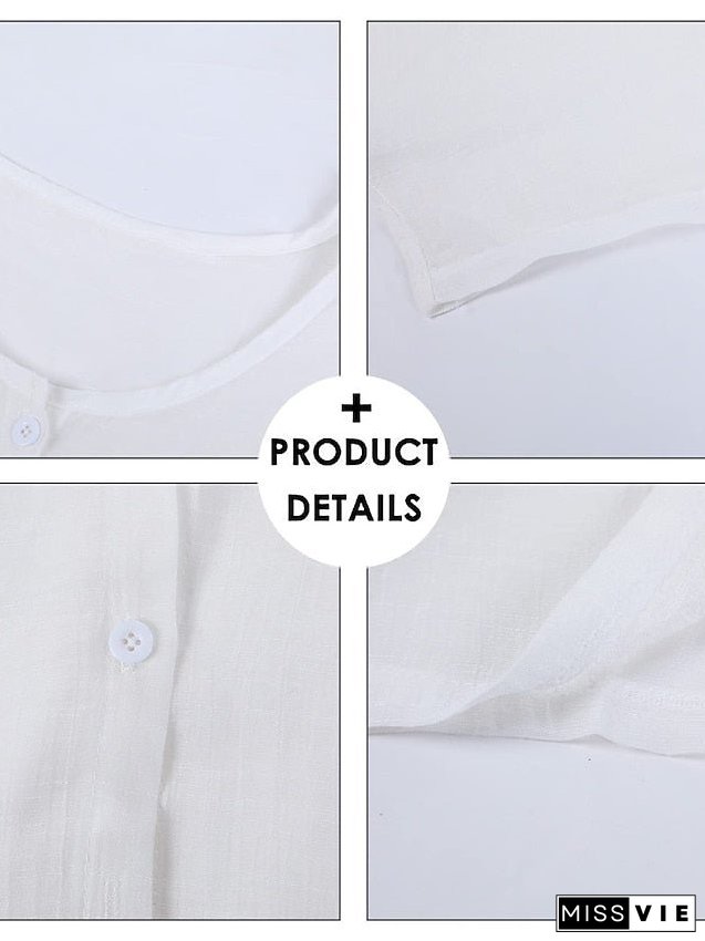 Women's Casual Dress Shirt Dress Cotton Linen Dress Mini Dress Blue Purple Pink Short Sleeve Pure Color Spring Summer V Neck Beach Basic Daily Weekend Loose Fit Linen S M L XL XXL 3XL