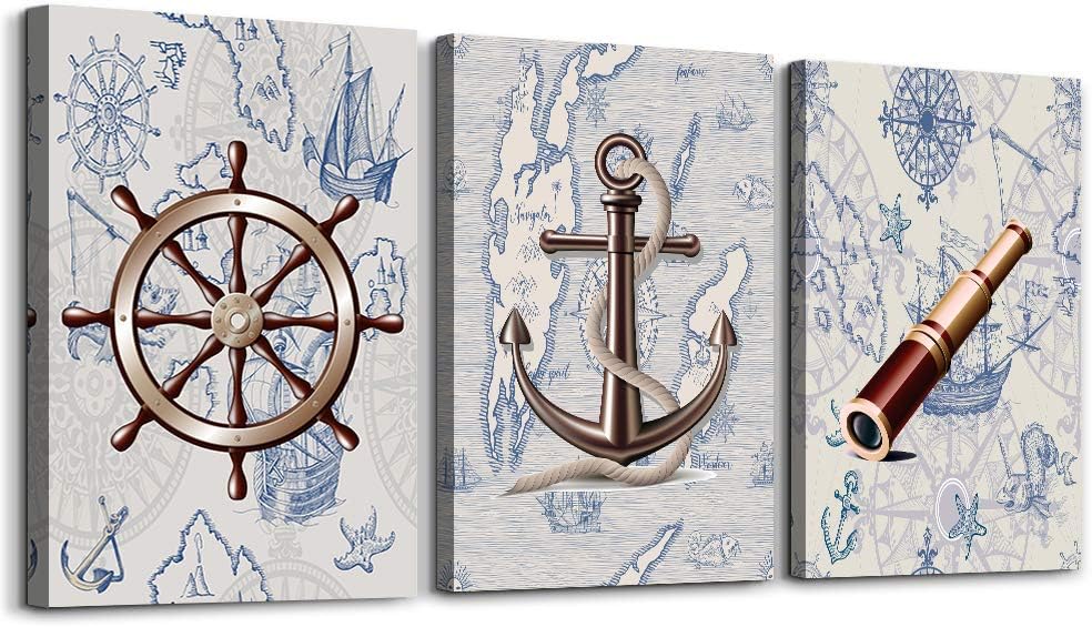 ocean theme steering wheel telescope ship pendant Canvas Prints bathroom Wall Art for Bedroom Wall decor Artworks Pictures wall decorations for living room,3 piece Home decor kitchen wall paintings 12 x 16 in (3 Piece)