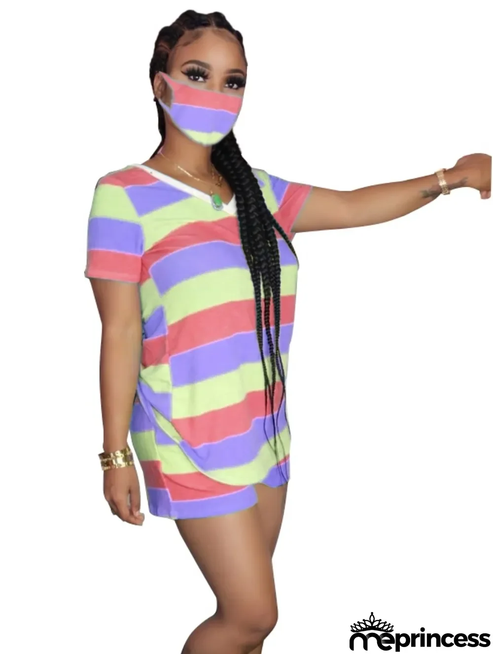 Casual Wide Striped Two Piece Short Set with Face Cover