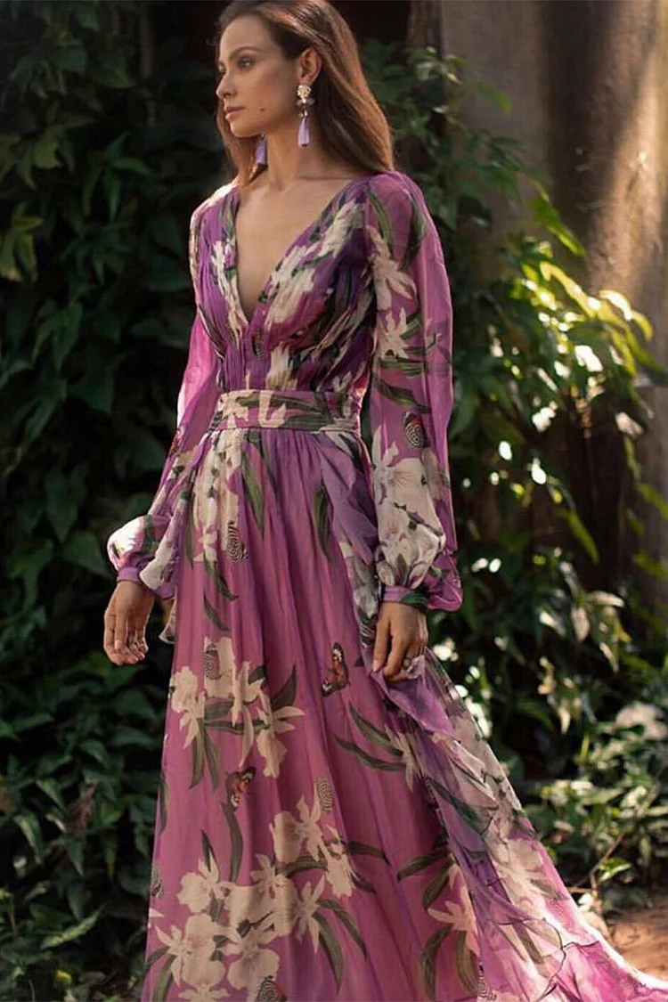 Everyday Purple Chiffon Floral Print Long Sleeve Deep V Neck Maxi Dress