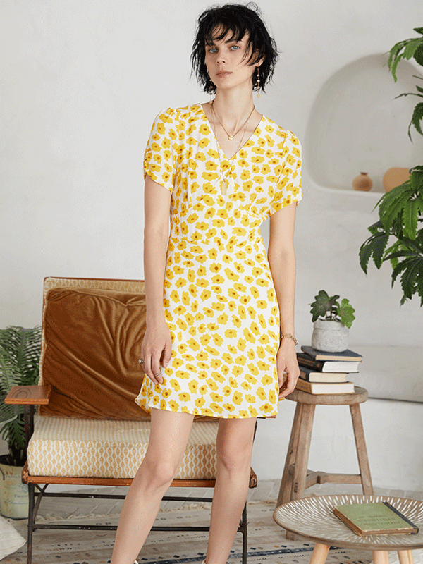 Robe en soie imprimé marguerite jaune-Soie Plus 