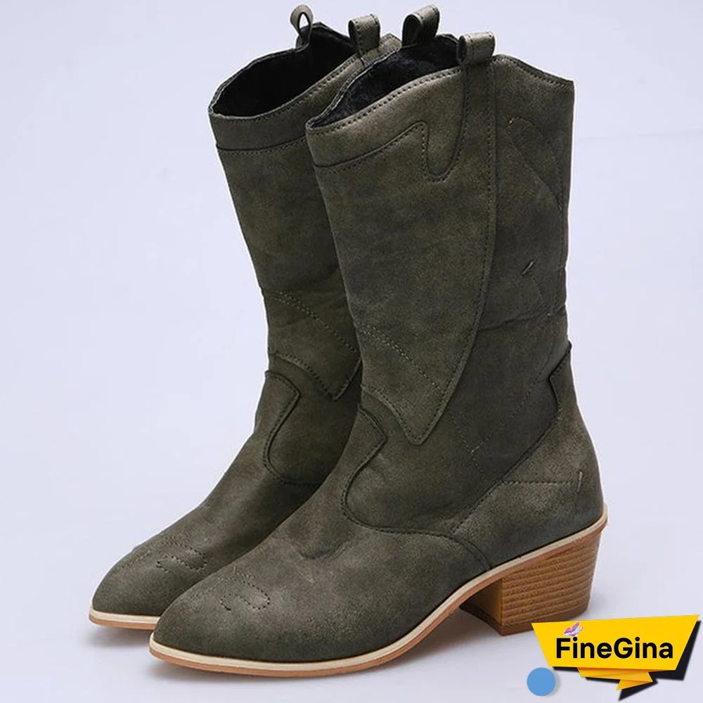 Women's Casual Solid Color Round Toe Mid Heel Mid-barrel Boots