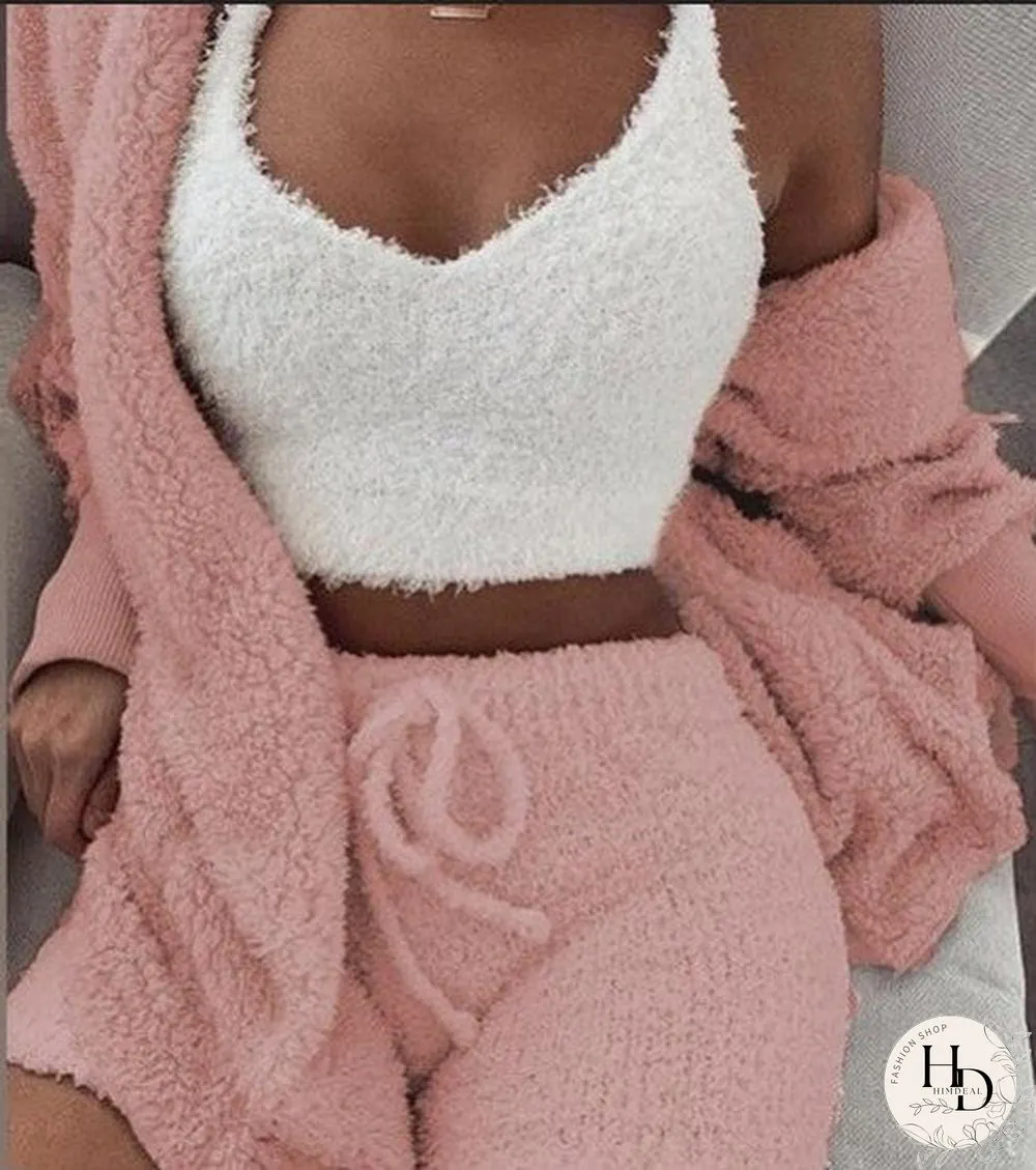 Comfy Faux Fur Crop Top Shorts And Jackets