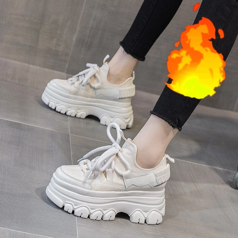 Fujin 9cm Platform Wedge Sneakers Genuine Leather Women Shoes Chunky Sneakers for Female Spring Autumn Warm Fur Winter Shoes