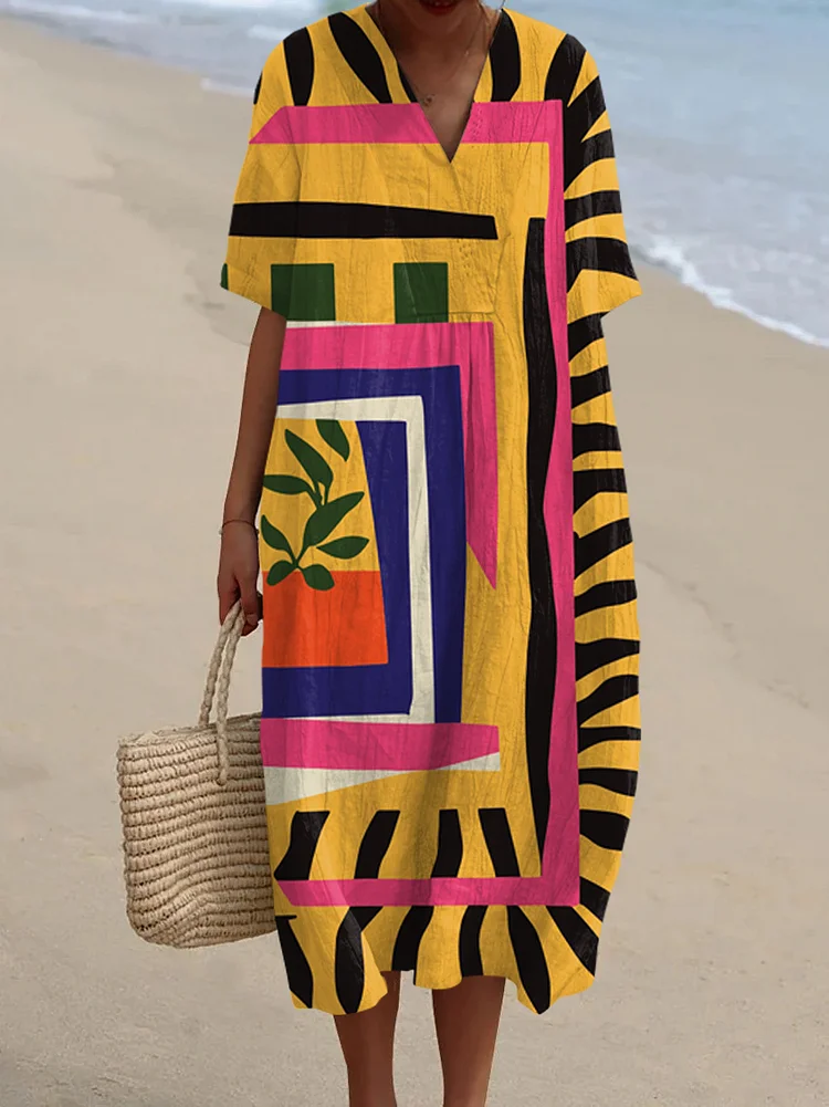 Vintage Abstract Art Print V-Neck Midi Dress