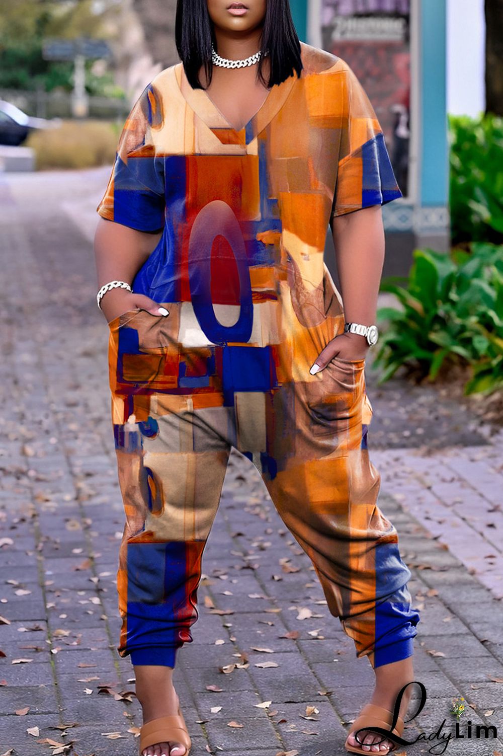 Pink Casual Print Patchwork V Neck Regular Jumpsuits