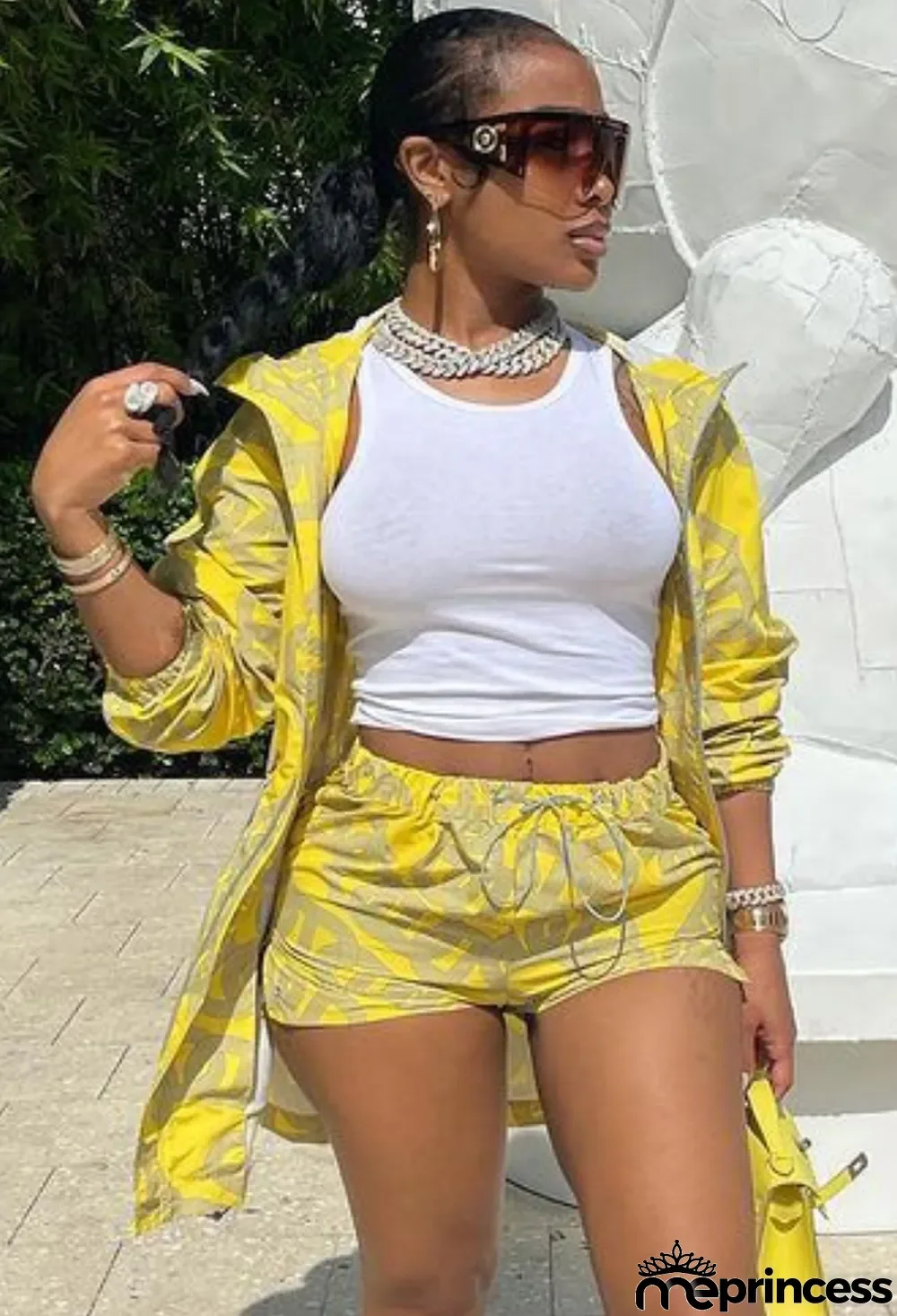 Autumn Casual Print Long Jacket and Matching Shorts Set