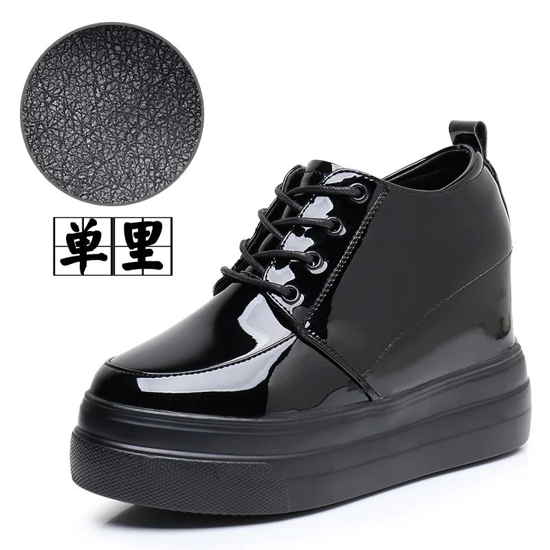 Breakj Breakj Height Patent Leather Small Leather Shoes Heel Waterproof Table Single Shoes Spring Autumn Pine Women's Shoes With Deep Mouth Plus Velvet Naked Boots