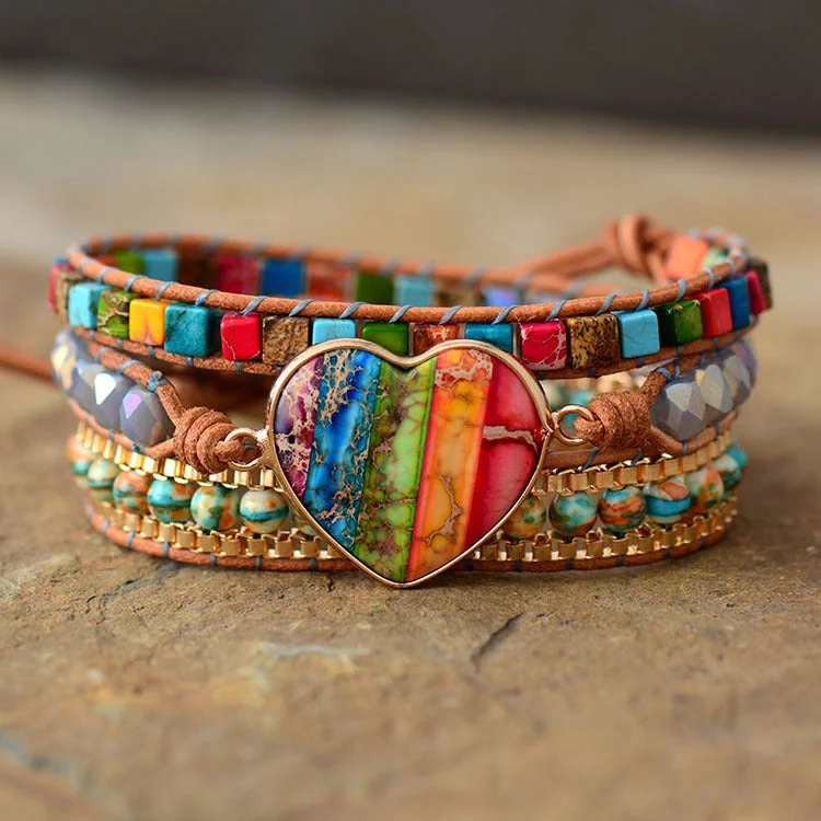Heart-Shaped Colorful Imperial Stone Leather Bracelet