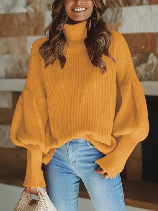 Turtleneck pullover solid color ladies knitted sweater