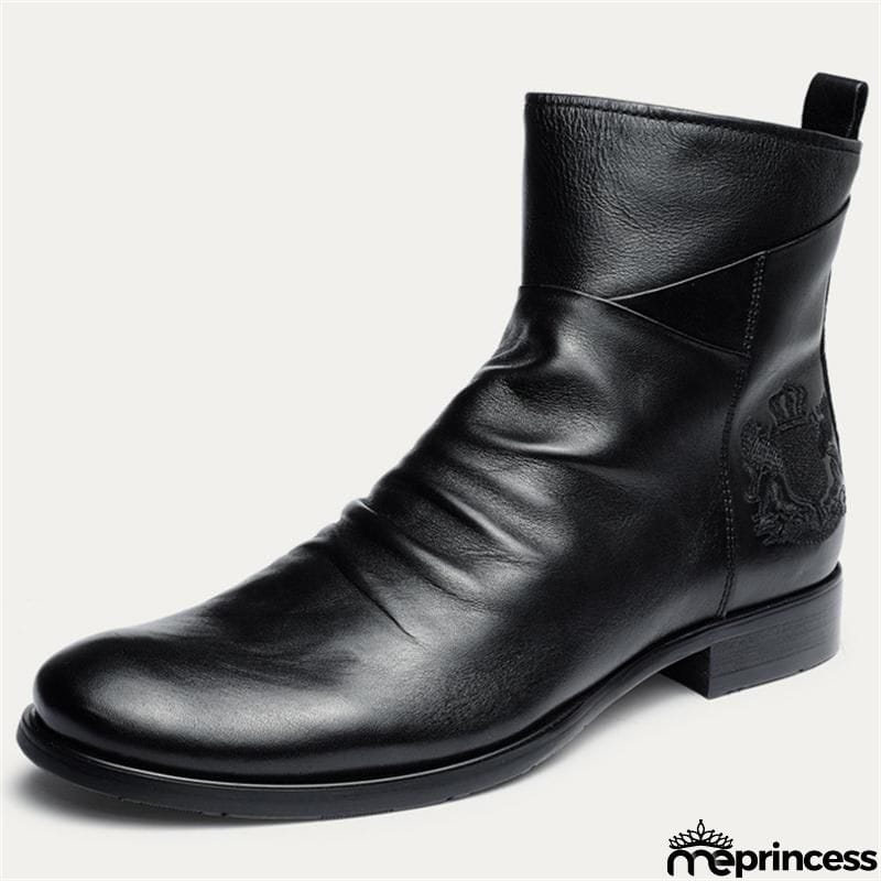 Fashion Side Zipper Plus Size Embroidery PU Boots For Men