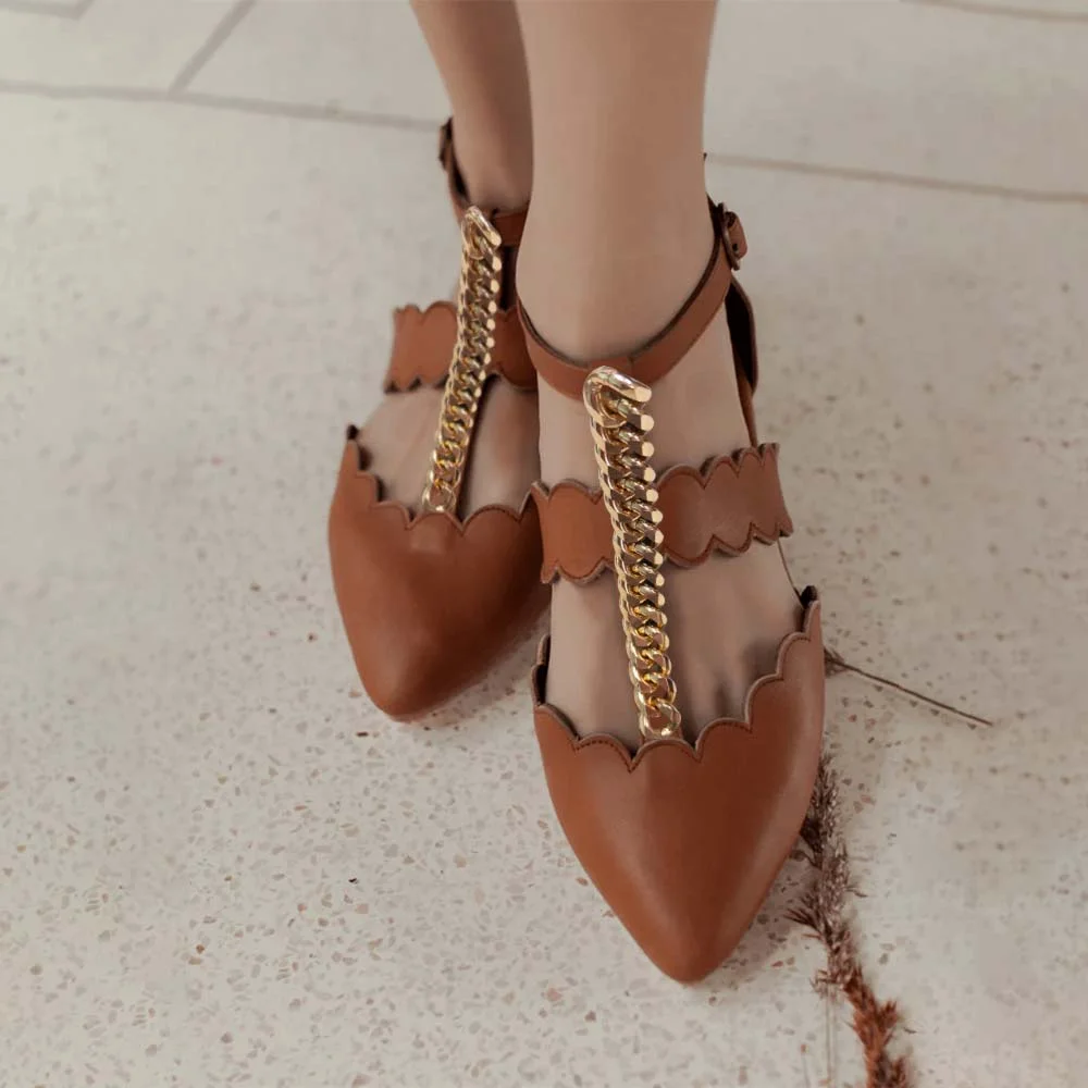 Brown Pointed Toe  Flats With Chain Decor Ankle Strap Flats Nicepairs