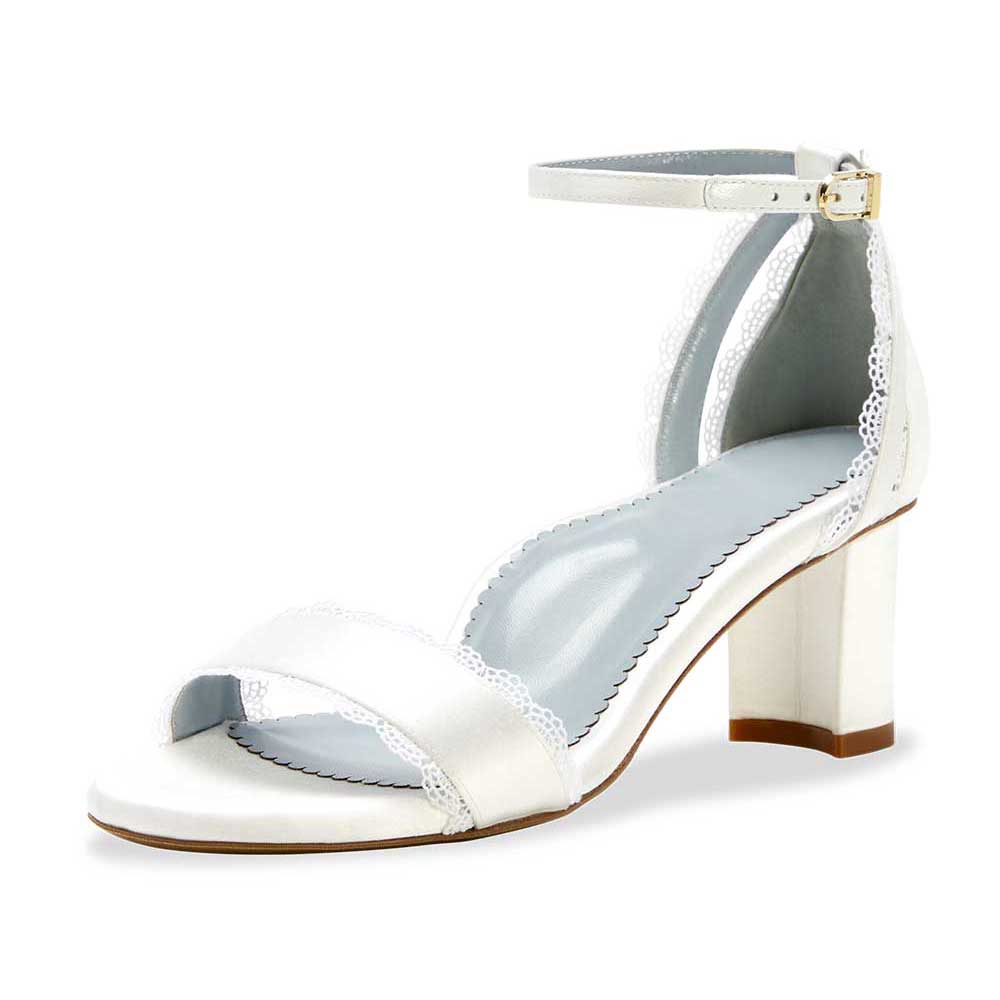 White Satin Square Toe Chunky Heel Buckled Ankle Strap Bridal Sandals Nicepairs