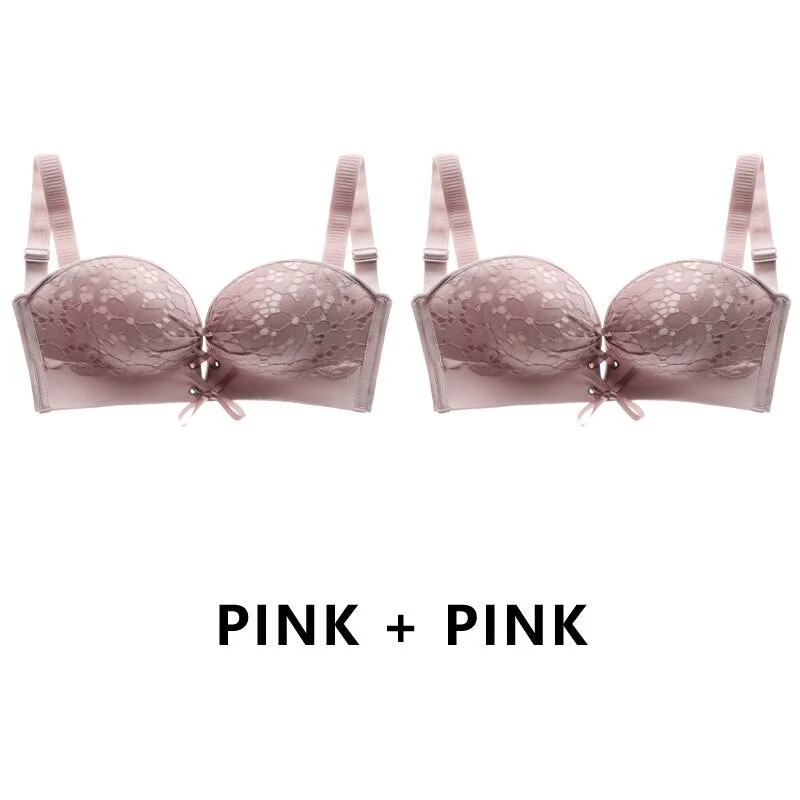 Meet'r 2 PCS/Set Sexy Women Strapless Bra Temptation Super Push Up Invisible Bralette Small Breast Lace Brassiere Lingerie Tops