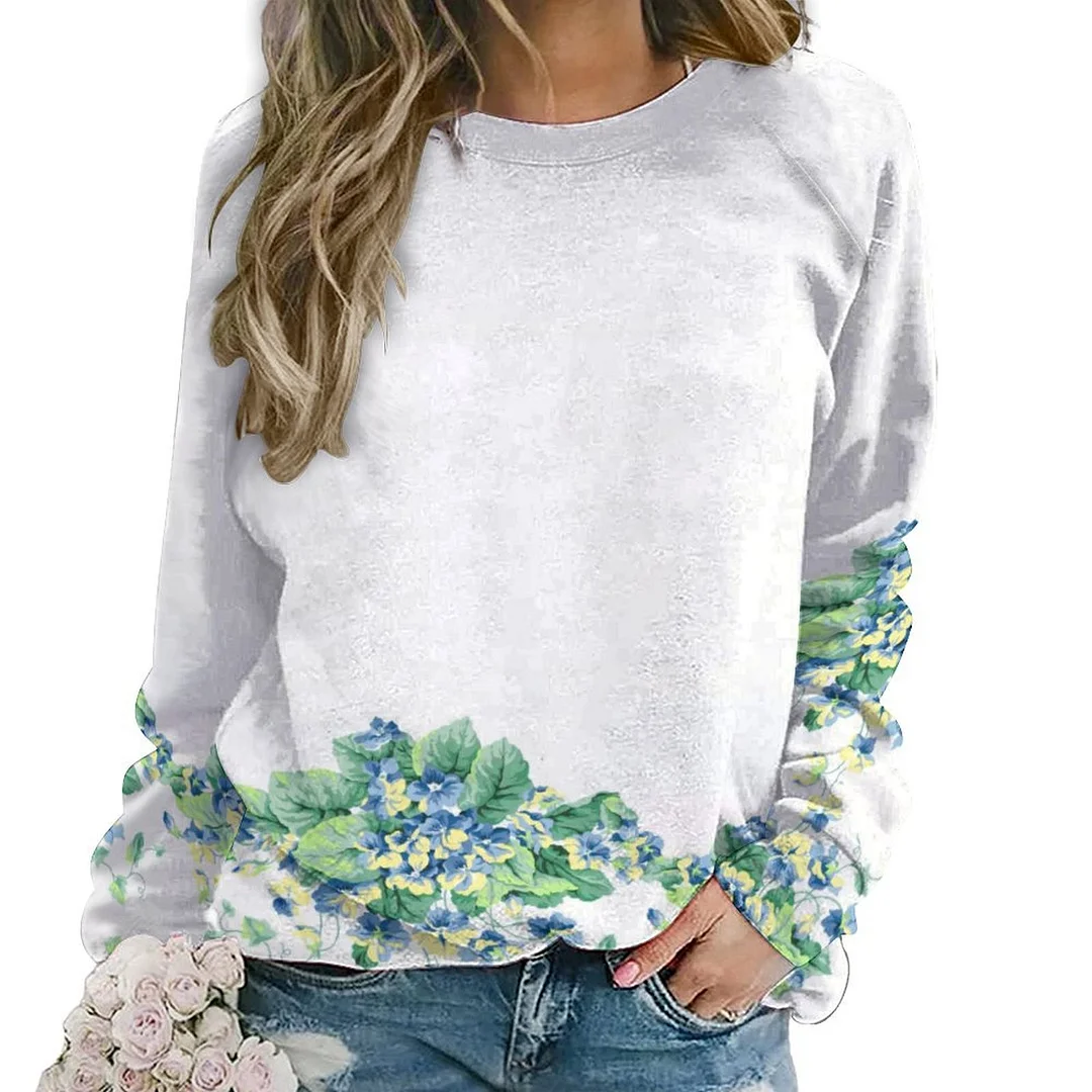 Printed Long Sleeve Casual Sweatshirt for  Women and Men Unisex Pattern Turquoise, Floral, Green