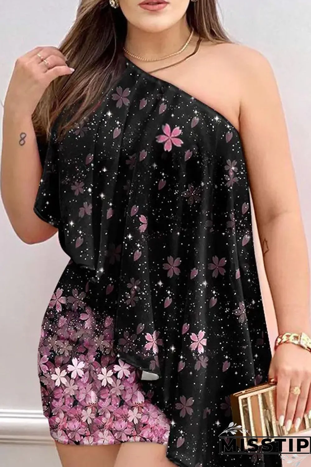 Black Pink Sweet Elegant Print Patchwork Asymmetrical Oblique Collar Dresses