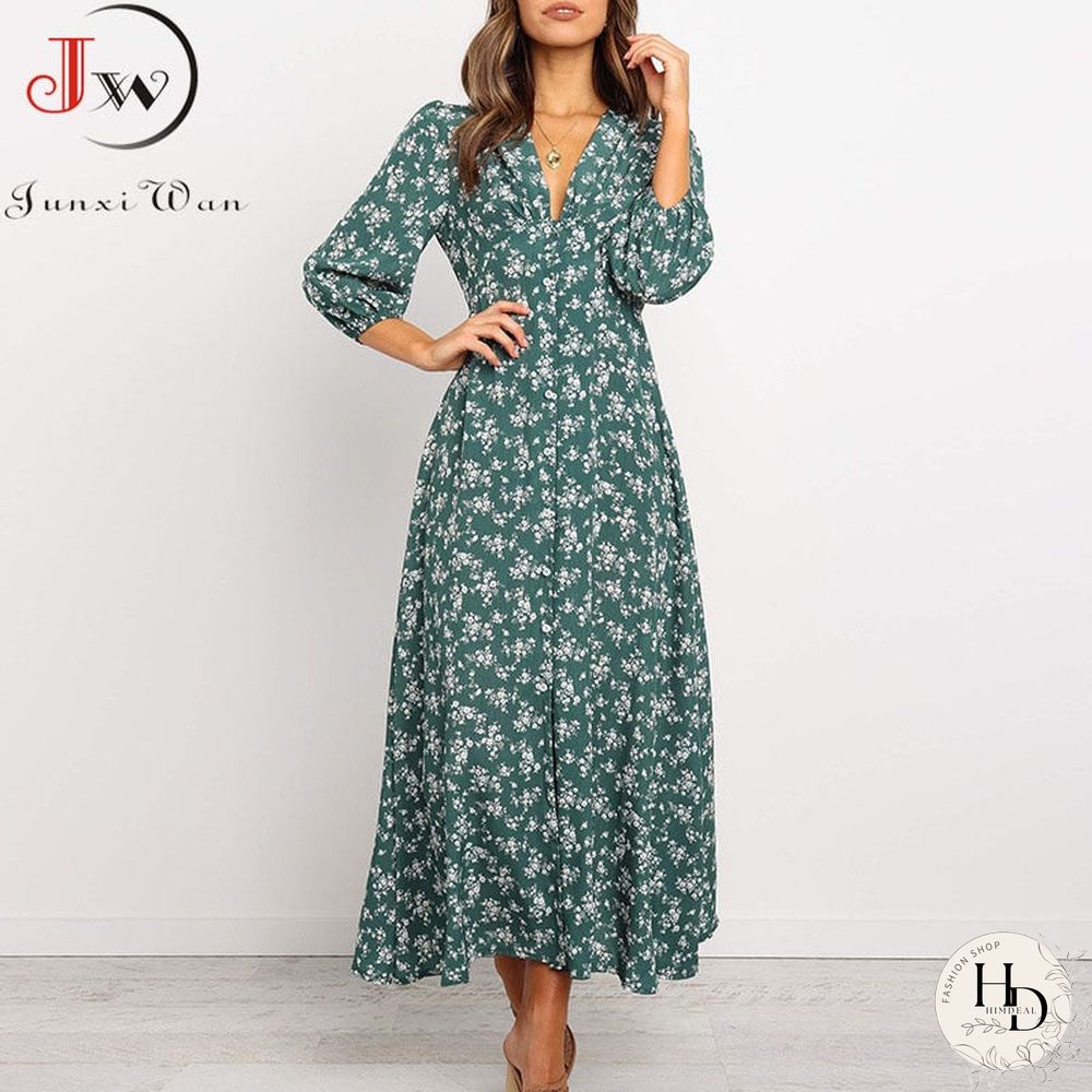 Womens Chiffon Long Dress-Floral Print lantern sleeve a-line maxi vestido autumn new