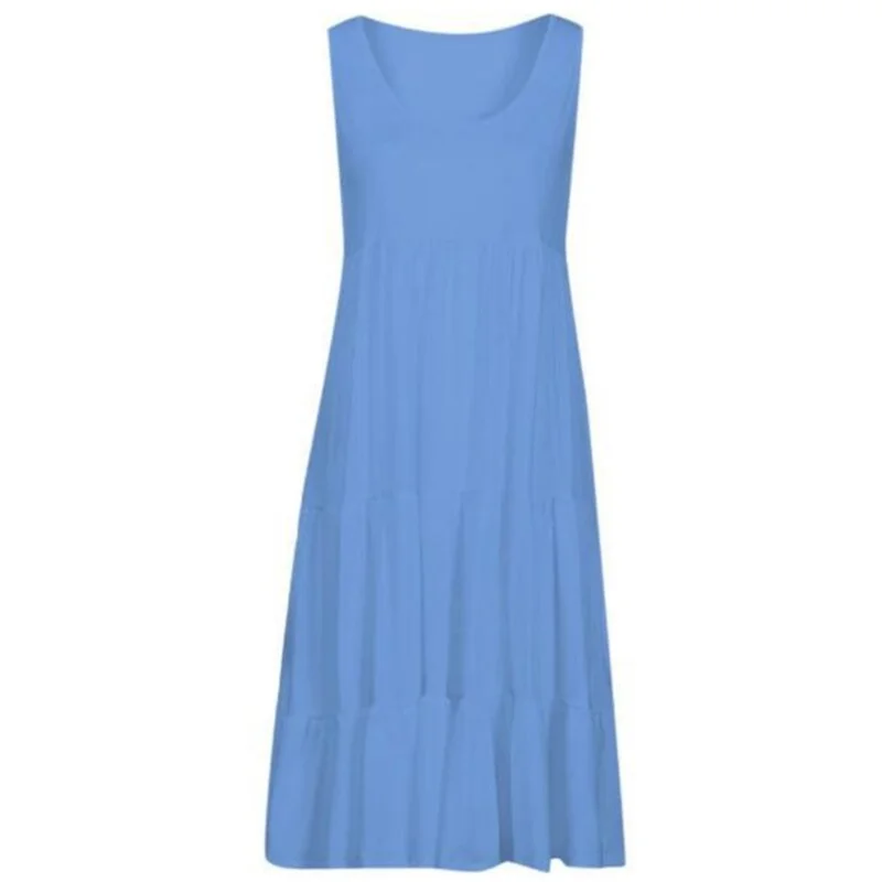 Solid Woman Dress Sleeveless O-neck Pleated Design Mid-Calf Beach Dress Summer Vacation Female Commuting Dresses