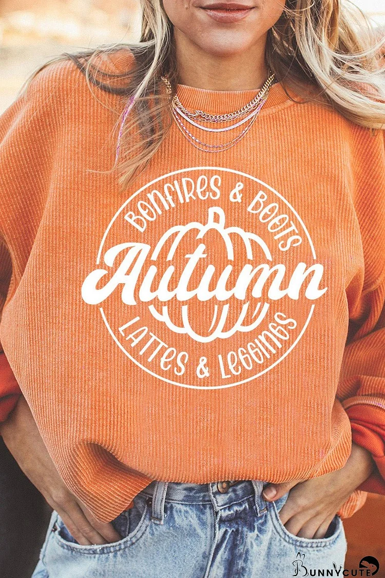 Orange Autumn Pumpkin Graphic Print Corded Oversized Sweatshirt