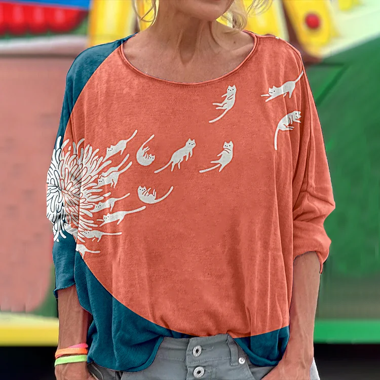Abstract Creative Dandelion And Cat Painting Art Pattern Long Sleeve T-shirt