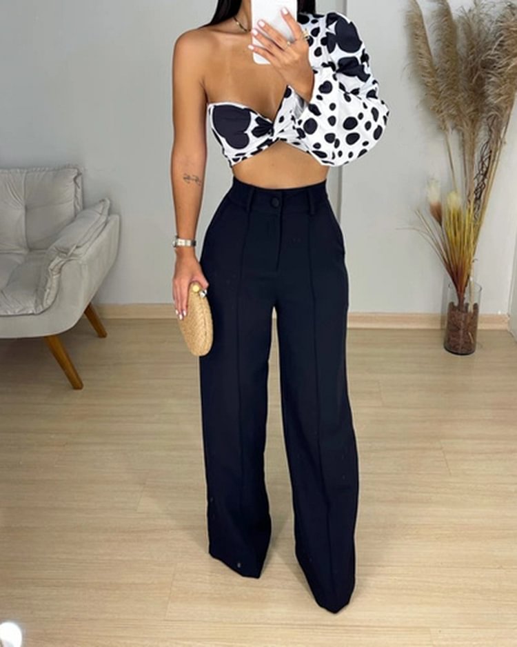 One-shoulder Long-sleeve Dot Print Top Solid Color Pants Two-piece Suit