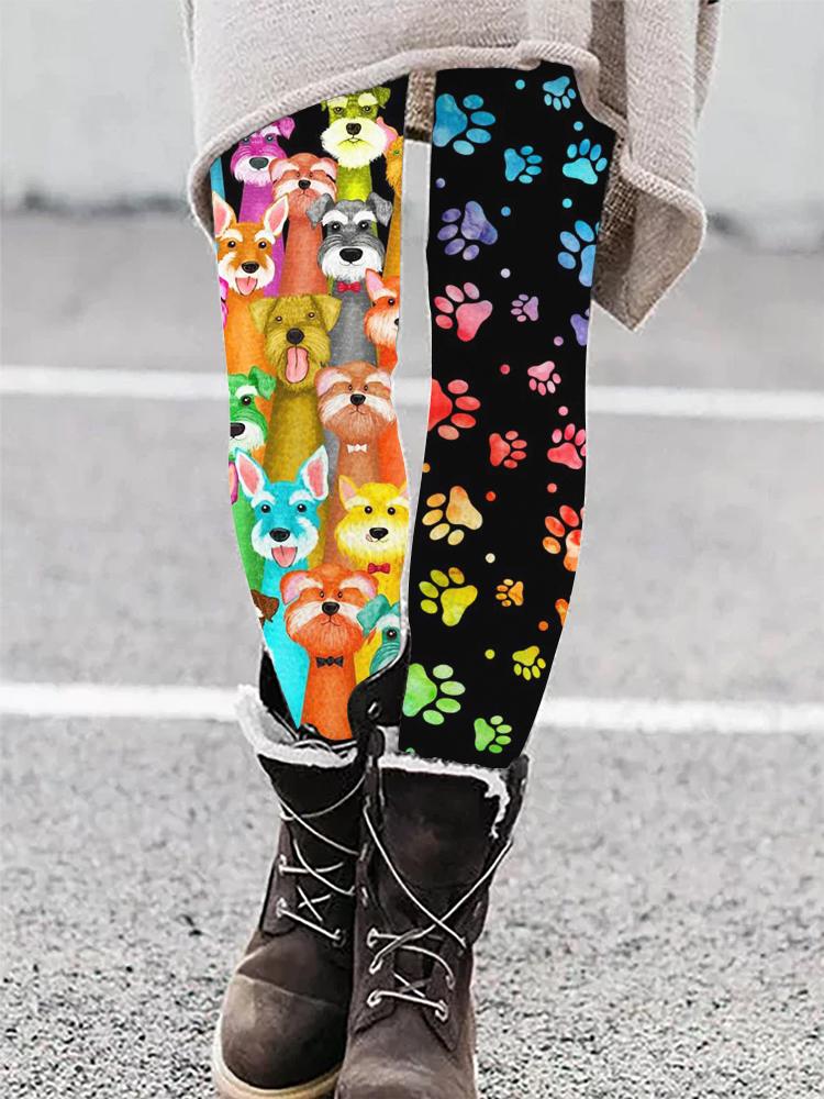 Colorful Dogs And Paw Graphic Casual Leggings wearshes