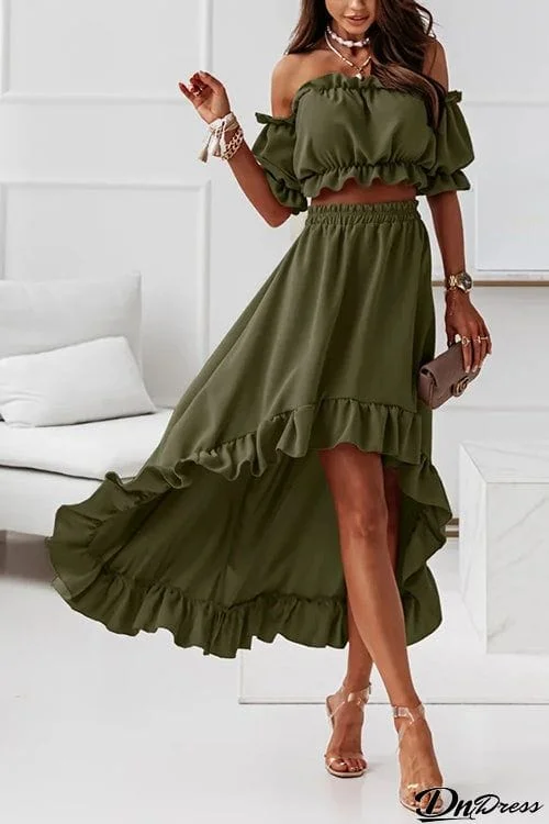 Flounce Off Shoulder Crop Irregularity Skirt Set