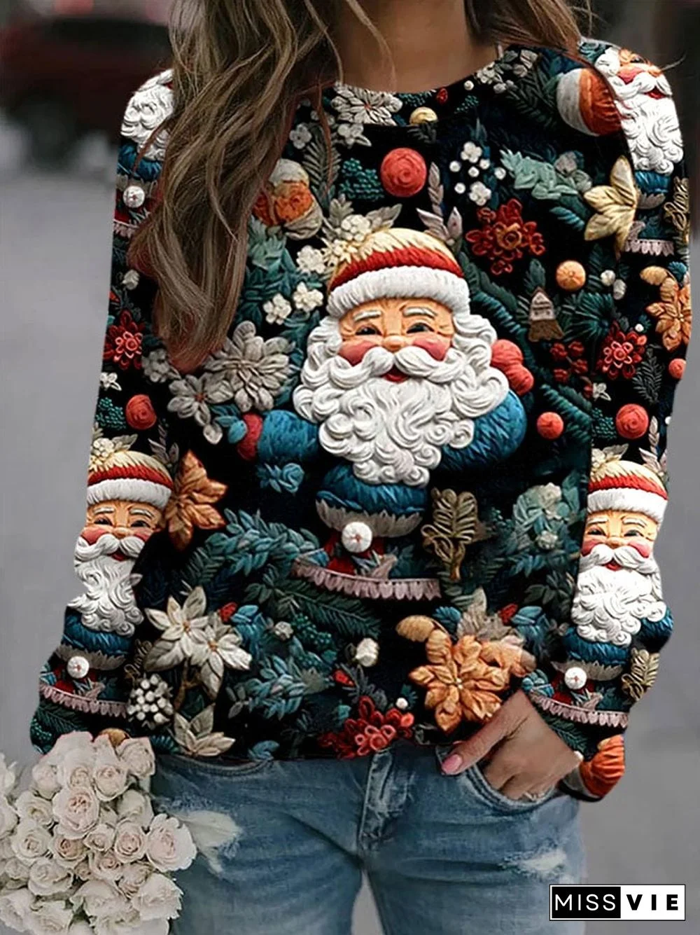 Women's Christmas Flower Santa Claus Print Casual Sweatshirt