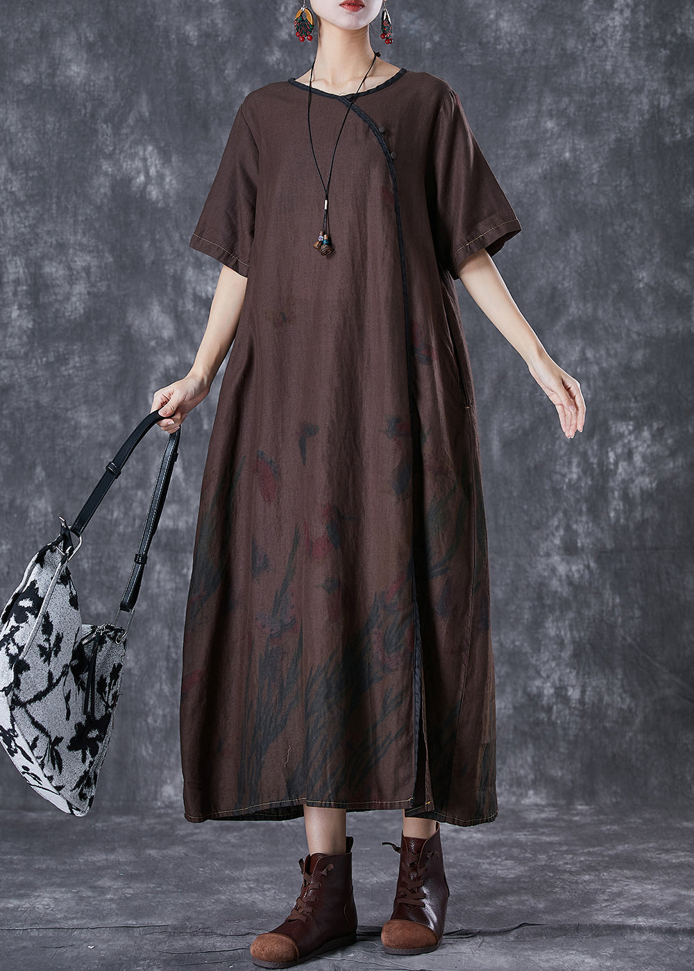 VCSHOES Chocolate Print Side Open Linen Dresses Summer