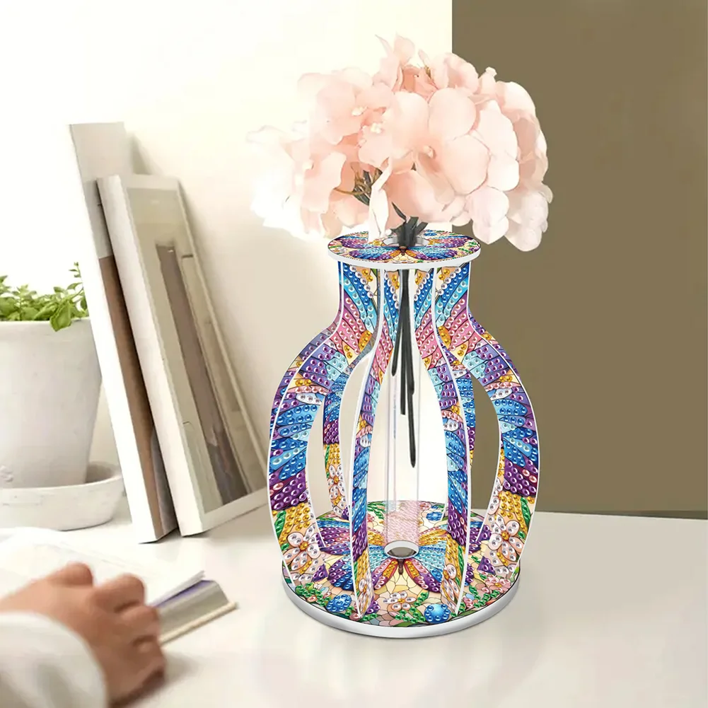Acrylic Wood Butterfly 5D DIY Diamond Painting Flower Vase for Home Office Decor