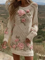 Women's Vintage Rose Art Cozy Knit Mini Sweater Dress