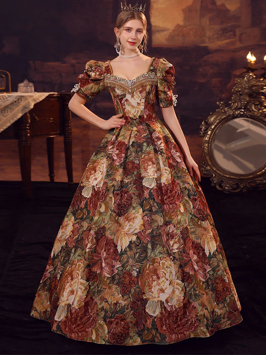Flowers Printed Retro Costumes Short Sleeve Empire Waist Dress Women Victorian Ball Gown Dress Novameme