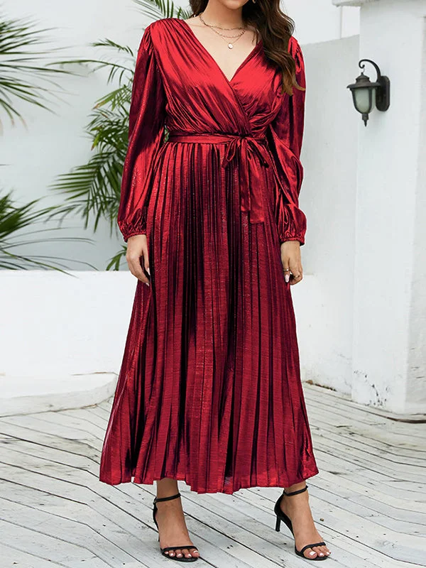 Bronzing Elasticity Pleated Solid Color Tied Waist High Waisted Long Sleeves Deep V-Neck Maxi Dresses