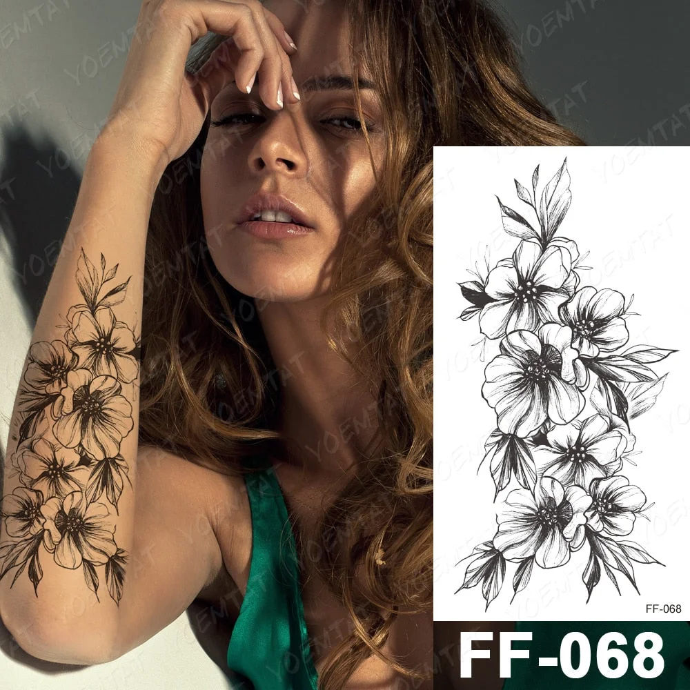 Waterproof Temporary Tattoo Stickers Peony Rose Flower Gun Flash Tattoos Female Black Sketch Body Art Arm Sexy Fake Tatto Male
