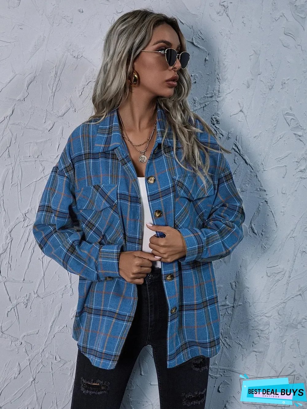 Fashion Plaid Print Button Coat Women