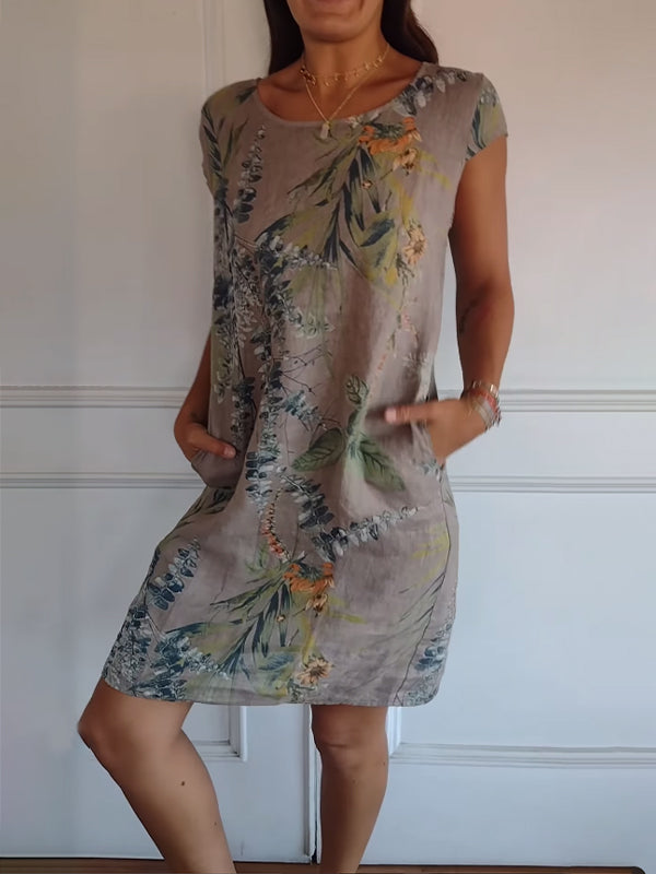 aldorian™-Women's Cotton & Linen Round Neck Printed Dress