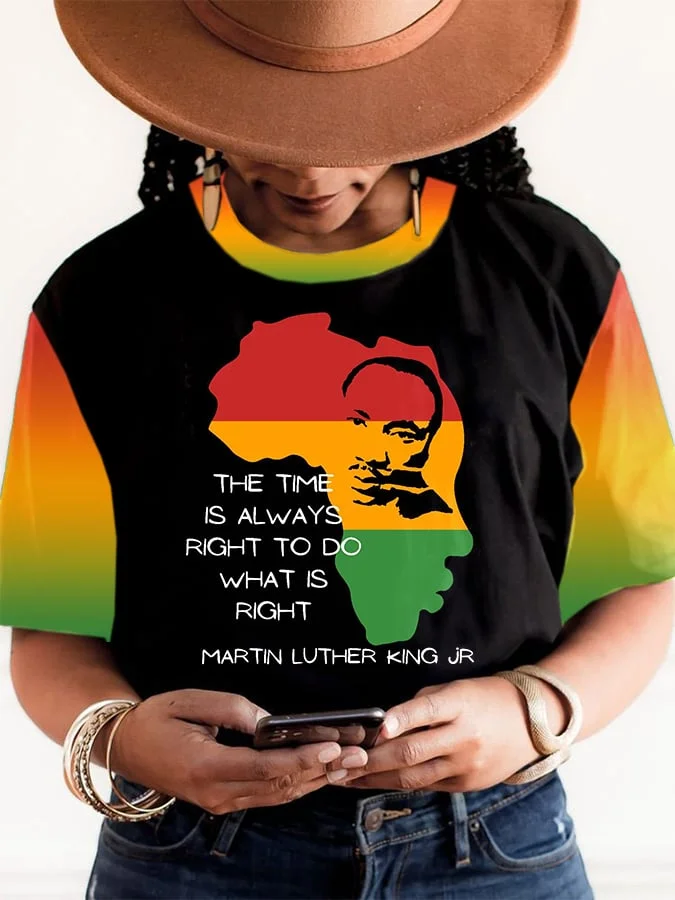 Women's Casual Africa Map Color Gradient Juneteenth Print Crew Neck T-Shirt 