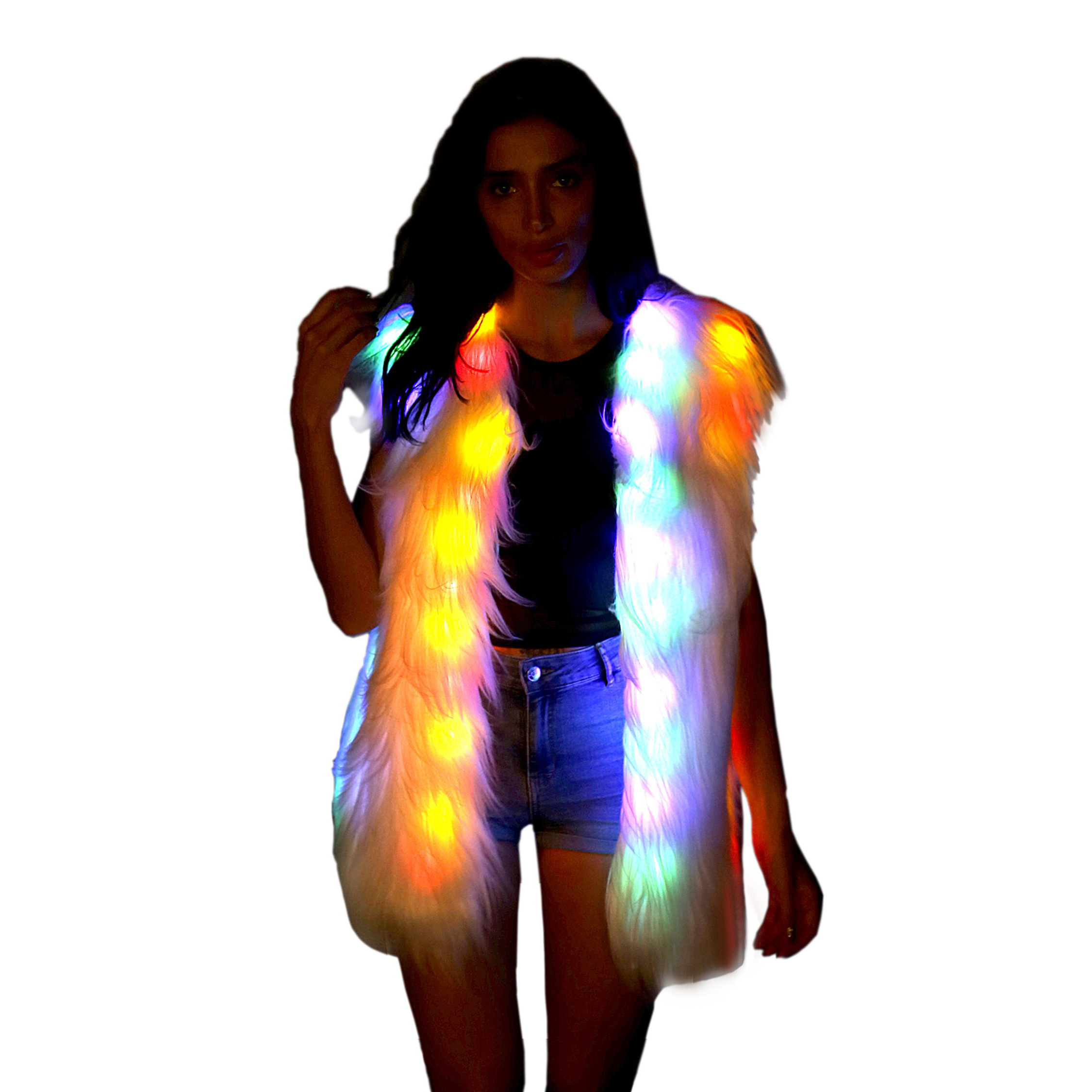 LED Light up Jacket For Women and Men Glow White Faux Fur Vest For Rave Parties
